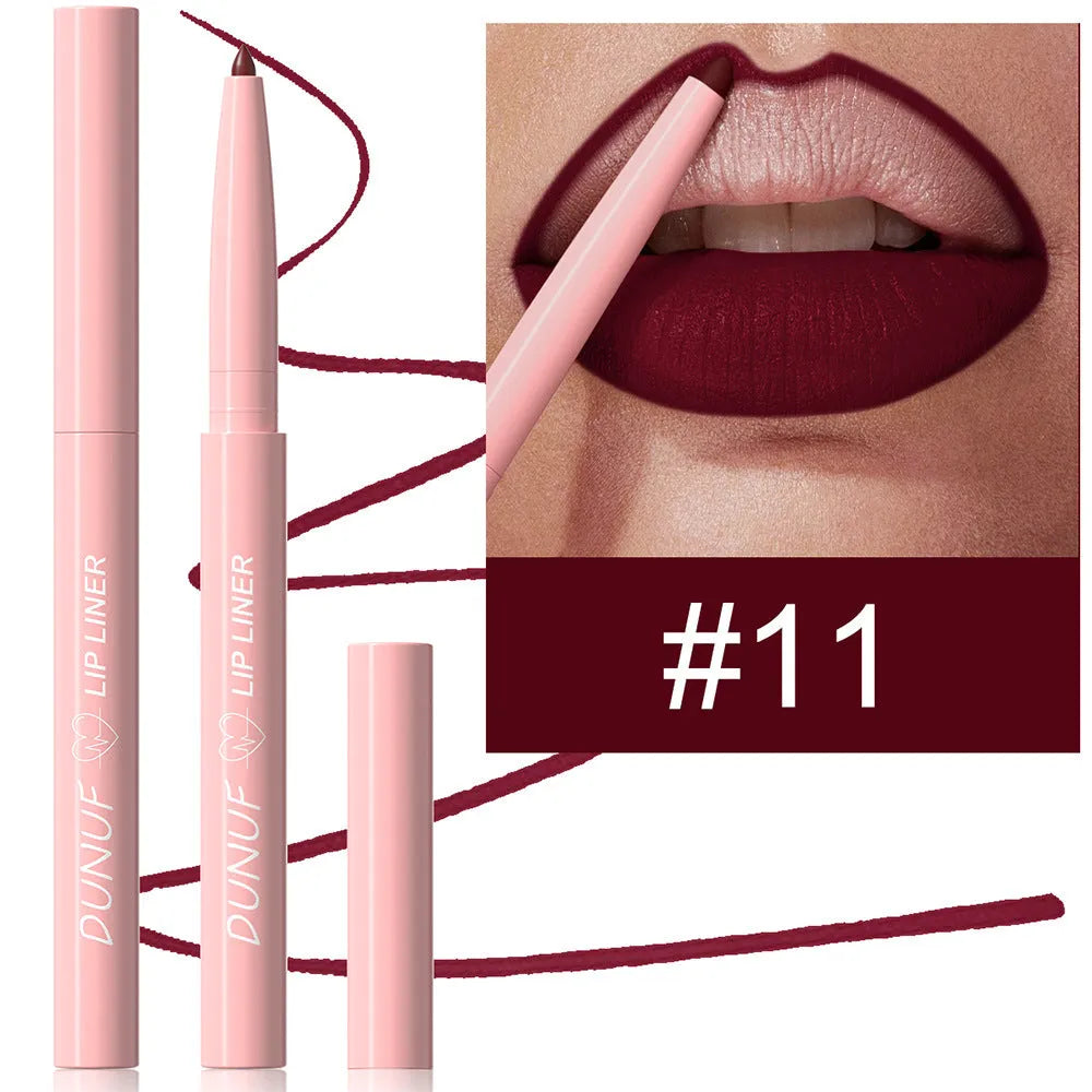 A single velvet matte lip liner pencil shown with 12 different colour shade options.