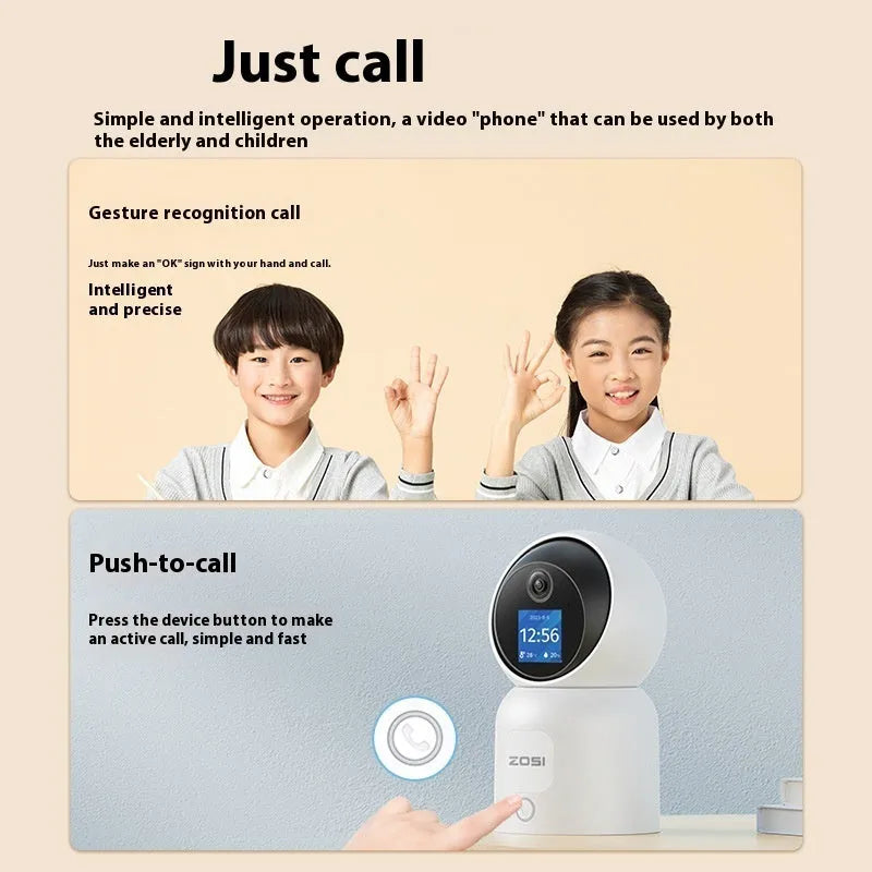 Zhou Shi wireless indoor security camera with built-in screen on white plastic housing