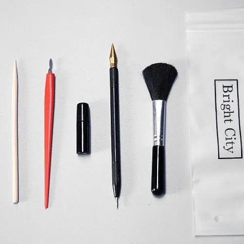 Scratch painting tool set with oil painting pens, healing pen, scraper and brush on white card