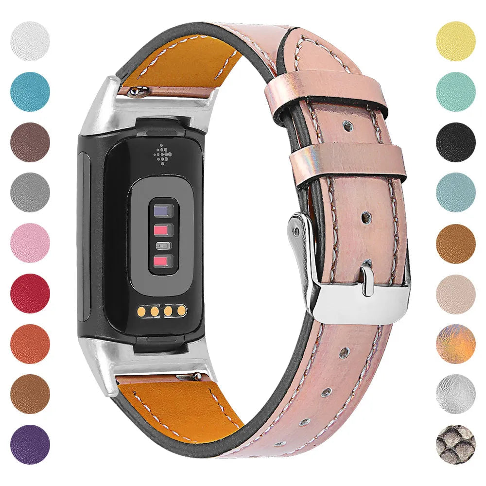 Genuine cowhide leather strap for Fitbit Charge 5 and Charge 6 smart watches in multiple colour options.