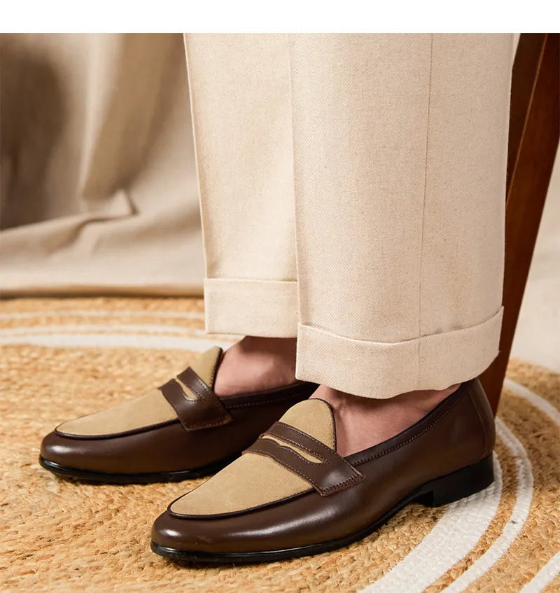 Men's coffee-grey suede slip-on loafers with a high-gloss finish and rubber sole.