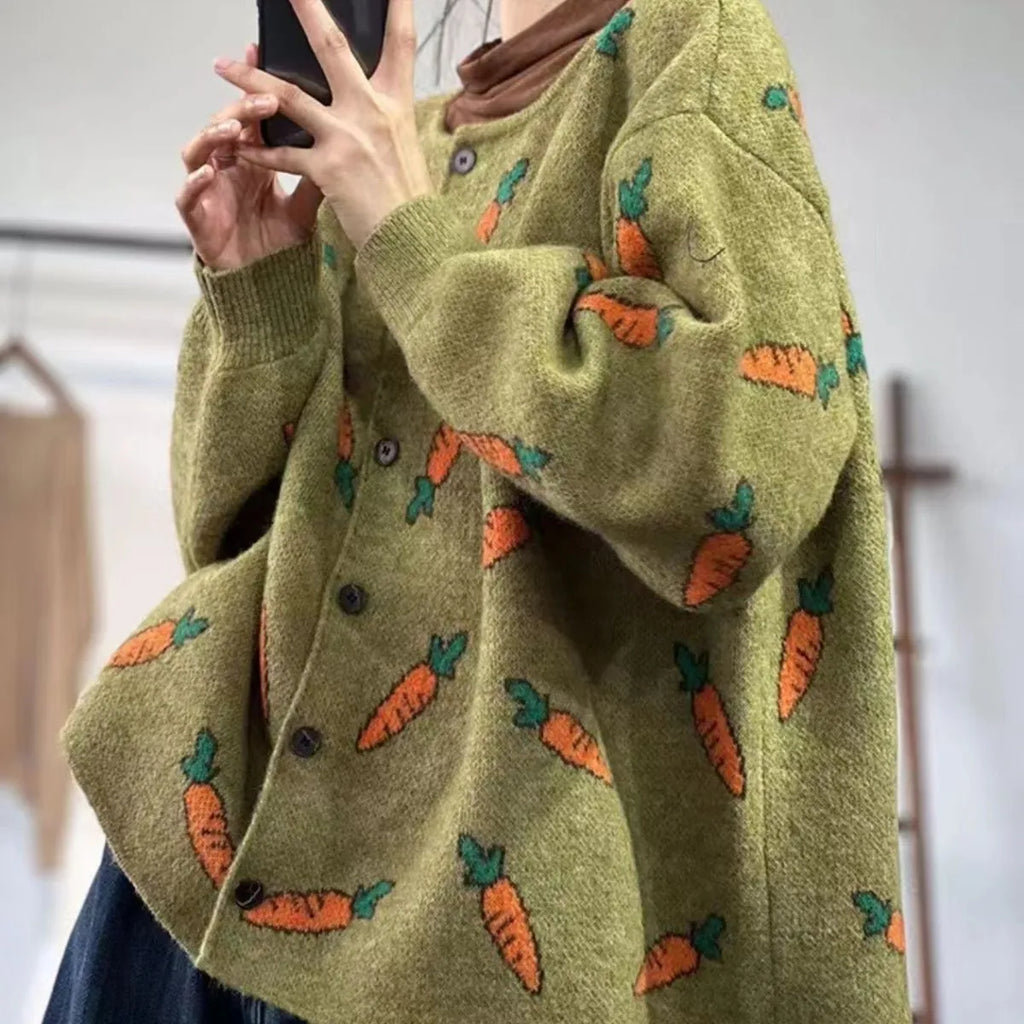 Round neck loose cardigan sweater with Mori artistic printing and colour contrast design