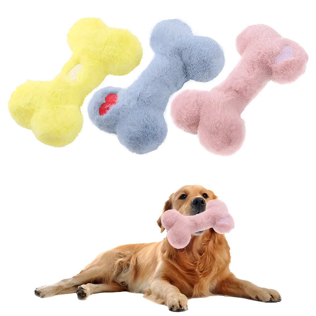 Blue plush love bone dog toy with squeaker for bite-resistant interactive play.