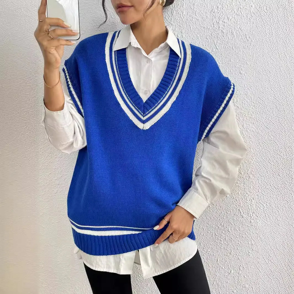 Women's college style wool vest sweater in acrylic polyester blend available in three colours
