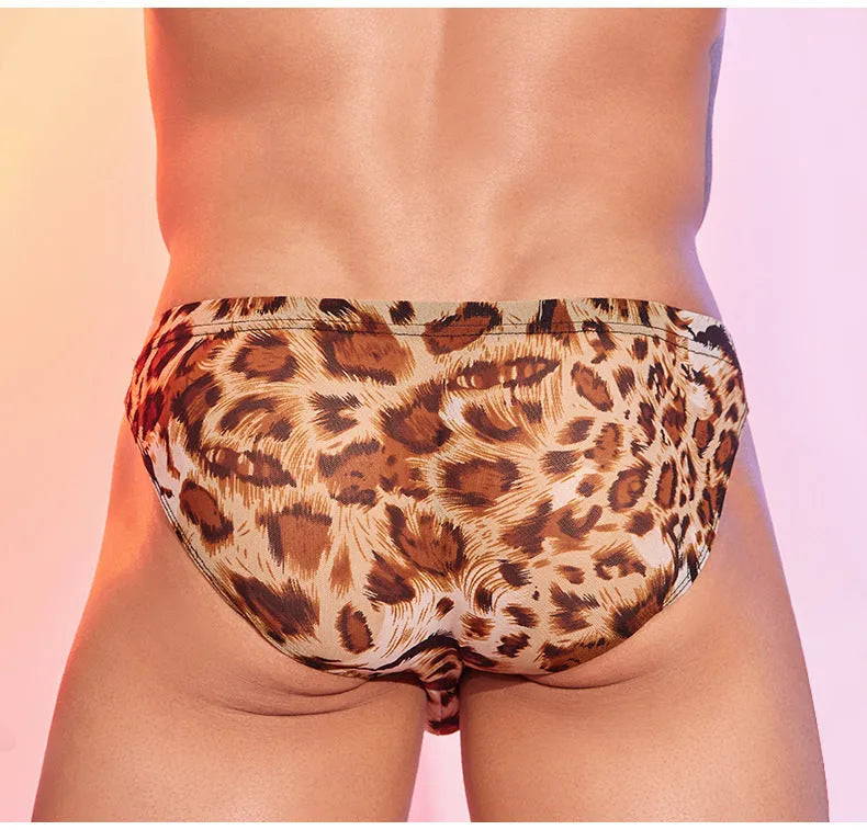Men's leopard print low waist underpants made from nylon fabric in a free size.