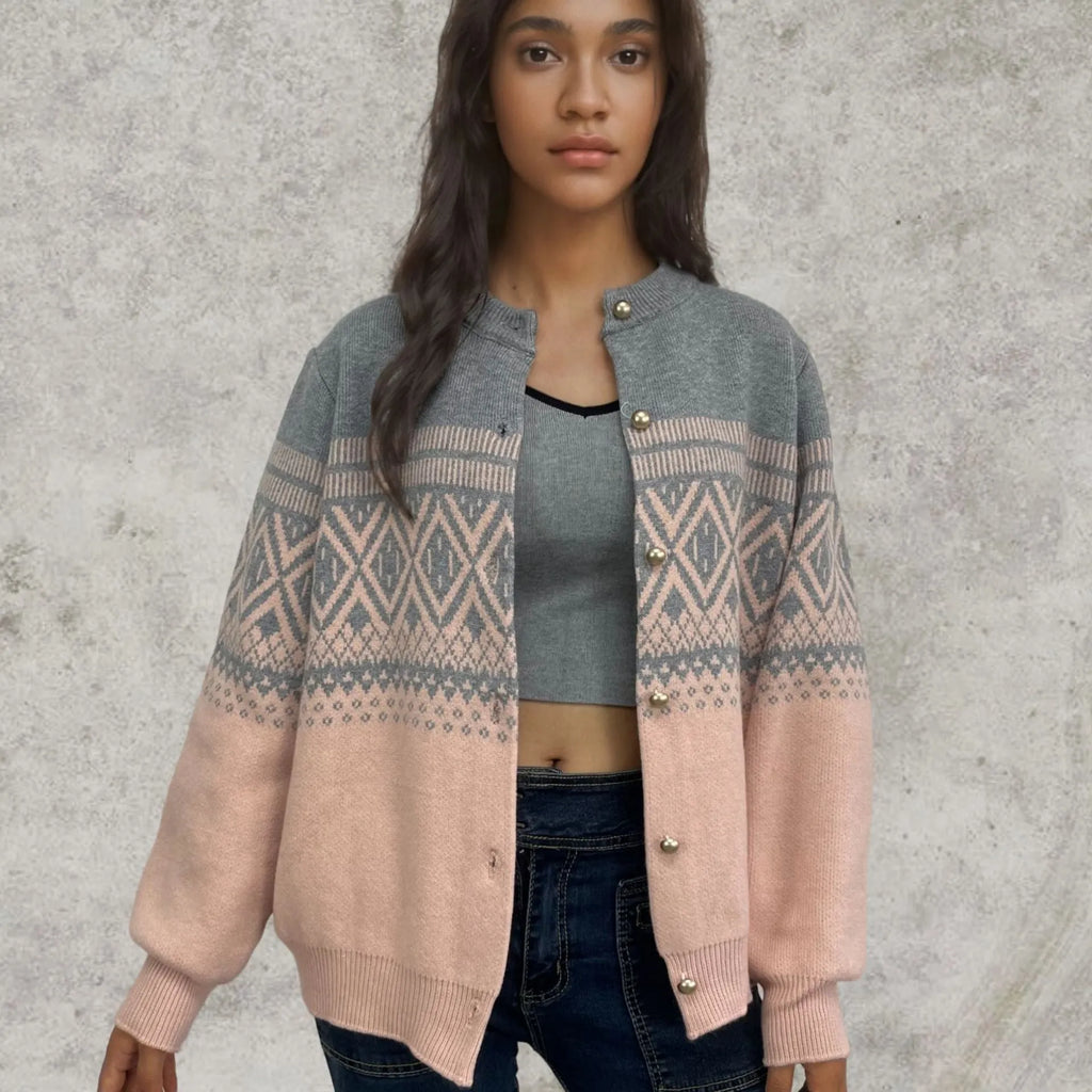 Women's long-sleeved contrast color diamond knitted alpaca wool cardigan free size