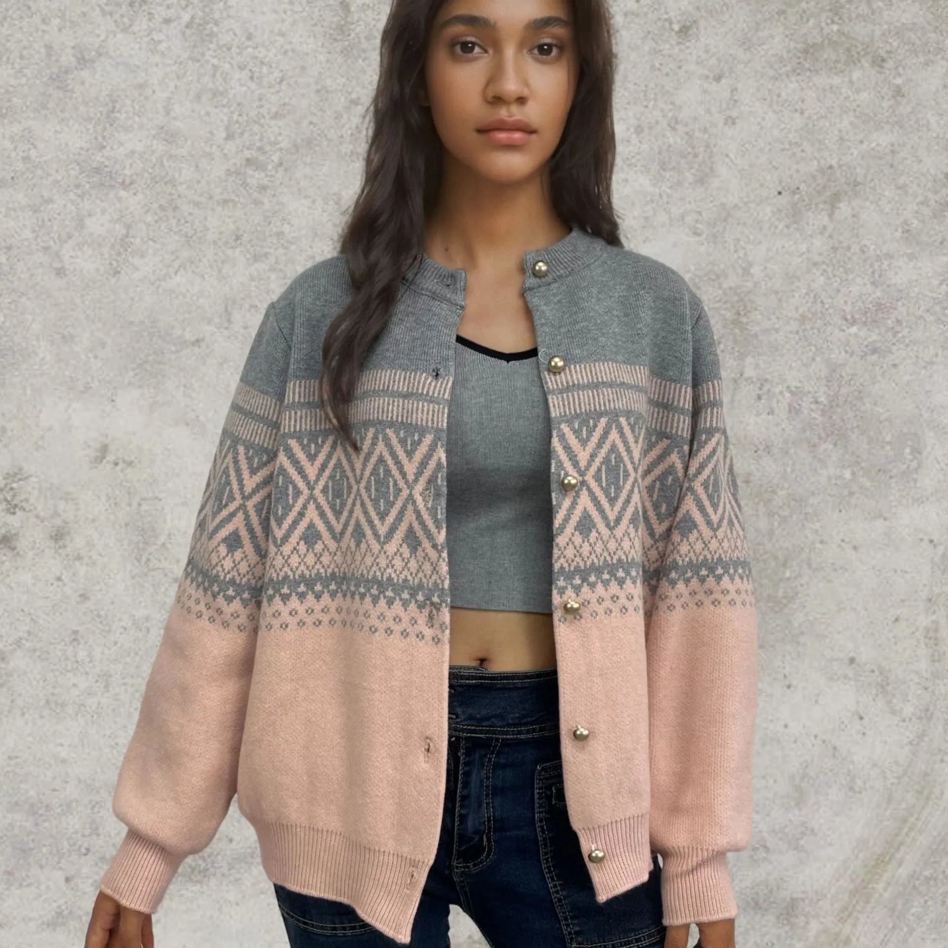 Women's long-sleeved contrast color diamond knitted alpaca wool cardigan free size
