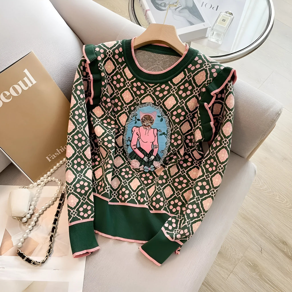 Green printed women's loose fit sweater with regular sleeves