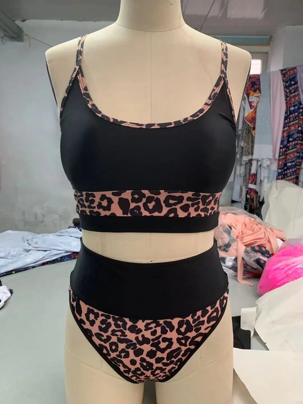 Women's white and leopard print high waist split bikini swimsuit set