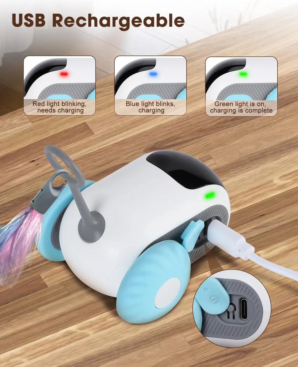 Smart cat toy car with feather teaser in blue, USB rechargeable, remote controlled