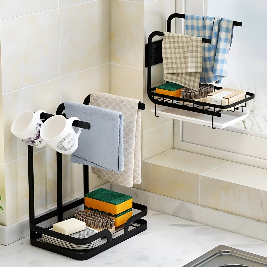 Foldable plastic kitchen rack for wall mounting or desktop rag storage and draining