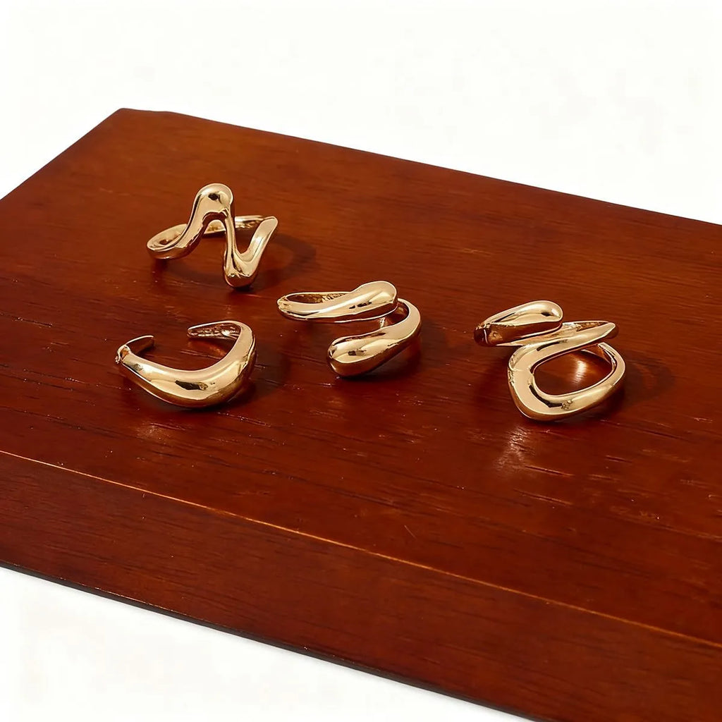 Fashion simple open geometric metal ring set for women, gold electroplated finish, Style 1