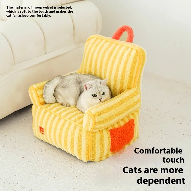 Striped plush pet bed for dogs in yellow, orange, and purple colour options