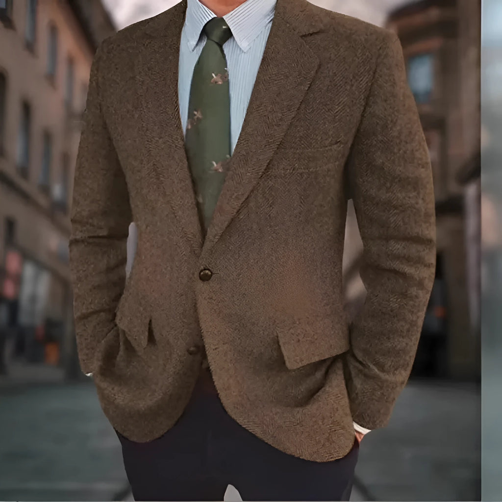 Men's retro herringbone suit jacket in solid colour with long sleeves and flax lining, shown in Brown