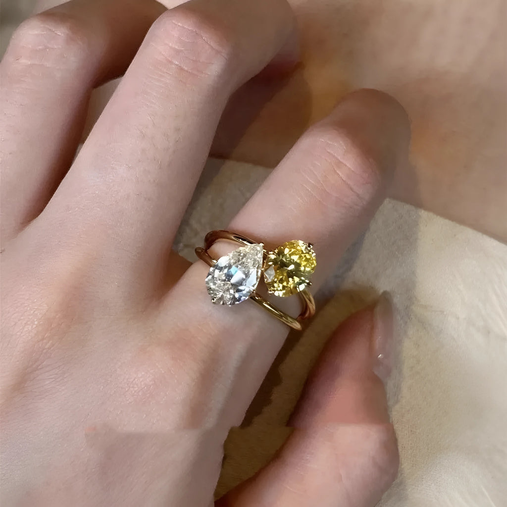 Geometric open ring with water drop double sheng stone zircon design in copper construction