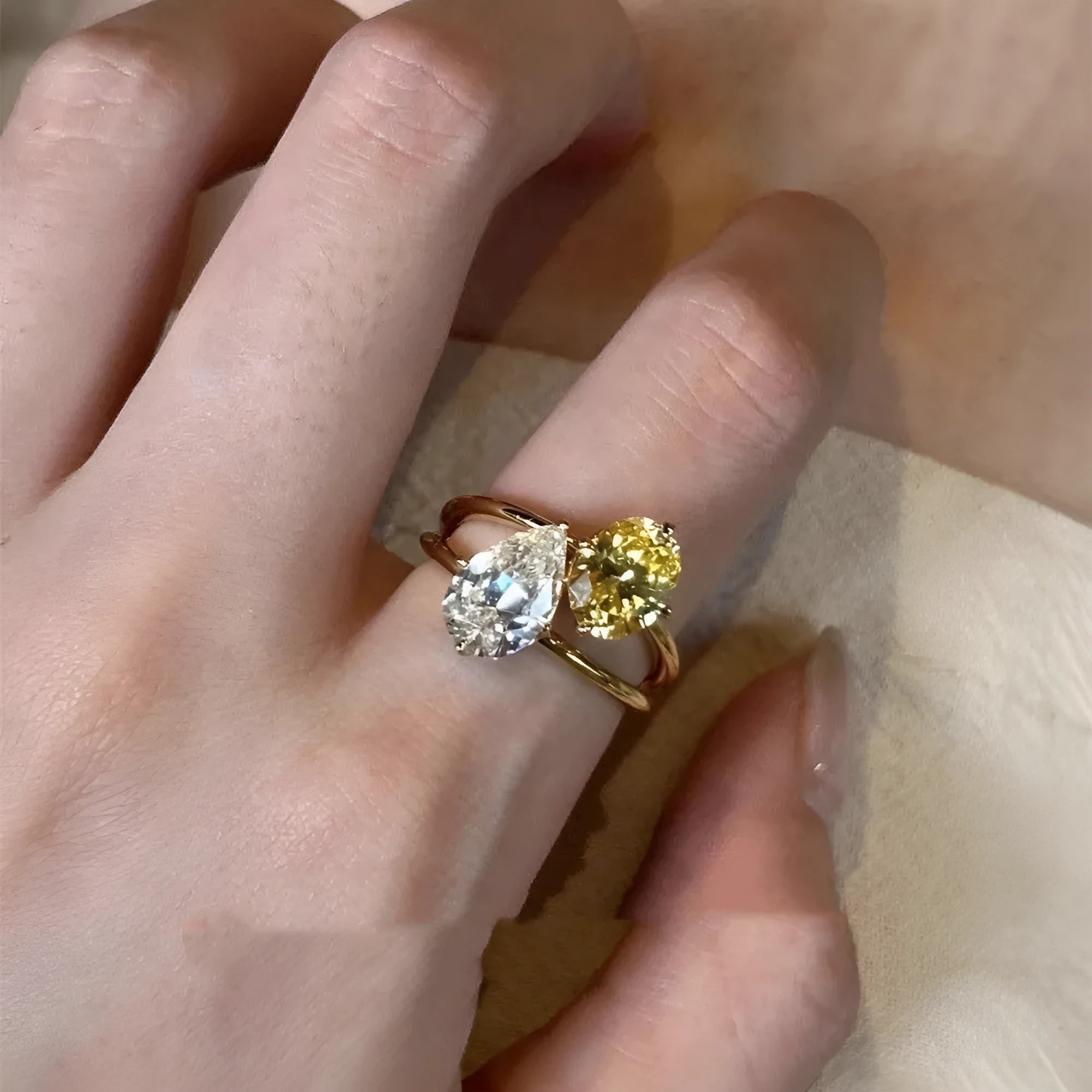 Geometric open ring with water drop double sheng stone zircon design in copper construction