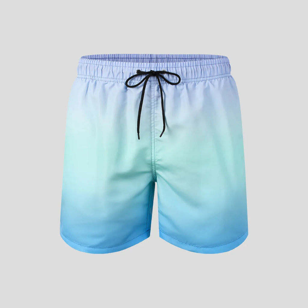 Men's sports shorts with a gradient colour 3D digital print on black mesh fabric.
