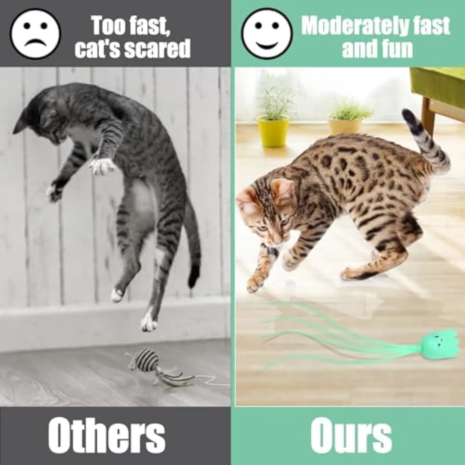 Green electronic cat toy with silicone swinging tail on 38cm wand for indoor cat entertainment