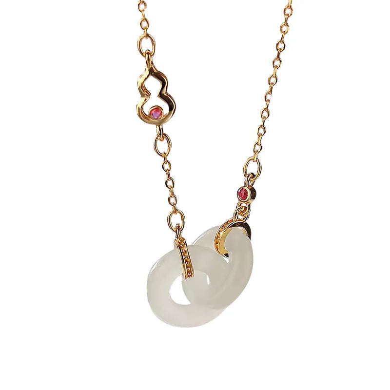 Gold-plated copper necklace with natural Hetian Jade gourd pendant on adjustable cross chain 41-50cm
