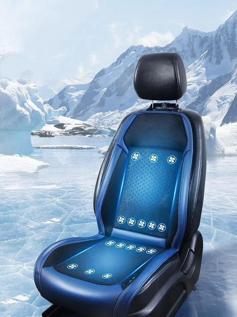 Black car seat cooling pad with USB cable connected to 12V adapter on minimalist solid-colour cushion