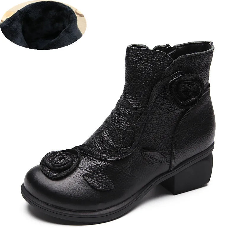 Handmade genuine leather ethnic Martin boots with chunky heel, waterproof platform, and flower embossing in red colour