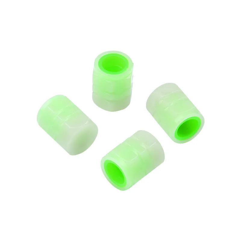 Glow-in-the-dark car valve caps showing rubber construction and luminous properties