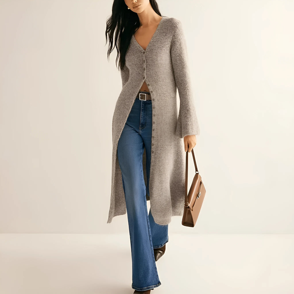 Khaki viscose acrylic blend button-front long sleeve cardigan for women, classic cardigan model