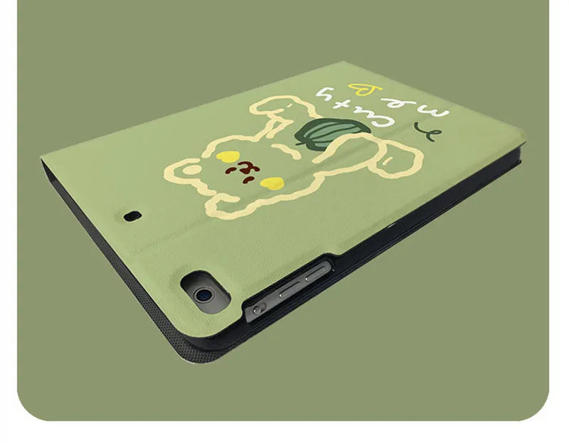 Korean cartoon flip iPad case showing Matcha Zoo design with imitation leather cover and TPU frame