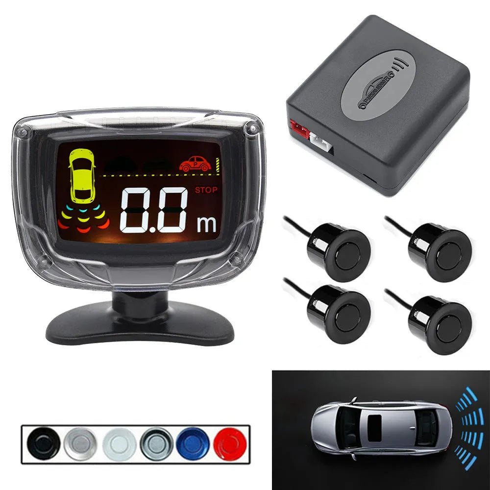 Wireless vehicle reversing sensor kit with LED display unit, four colour probes, power cable, and installation tools.