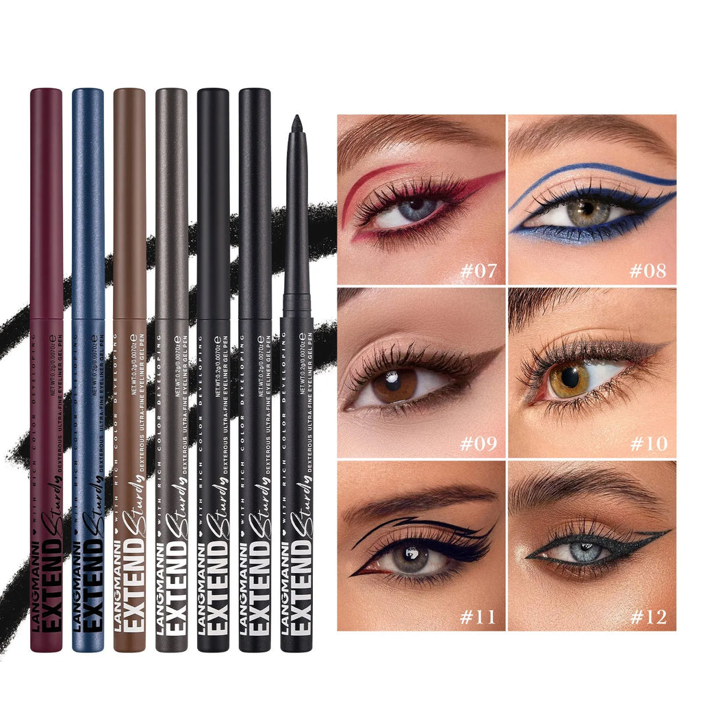 Set of 12 colourful gel glitter eyeliner pencils displayed in a row showing matte, glitter, and metallic shades.
