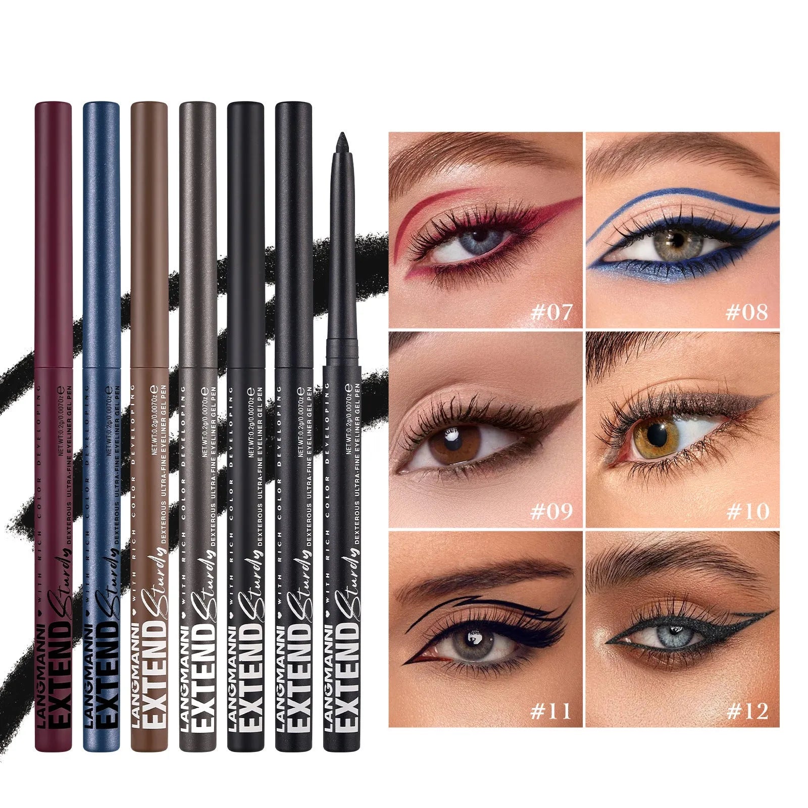 Set of 12 colourful gel glitter eyeliner pencils displayed in a row showing matte, glitter, and metallic shades.