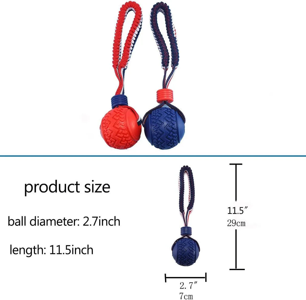 Blue natural rubber dog ball with rope attached, measuring 6.5cm in diameter