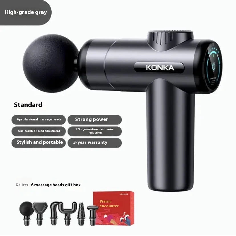 Konka grey mini massage gun with multiple attachment heads on red packaging