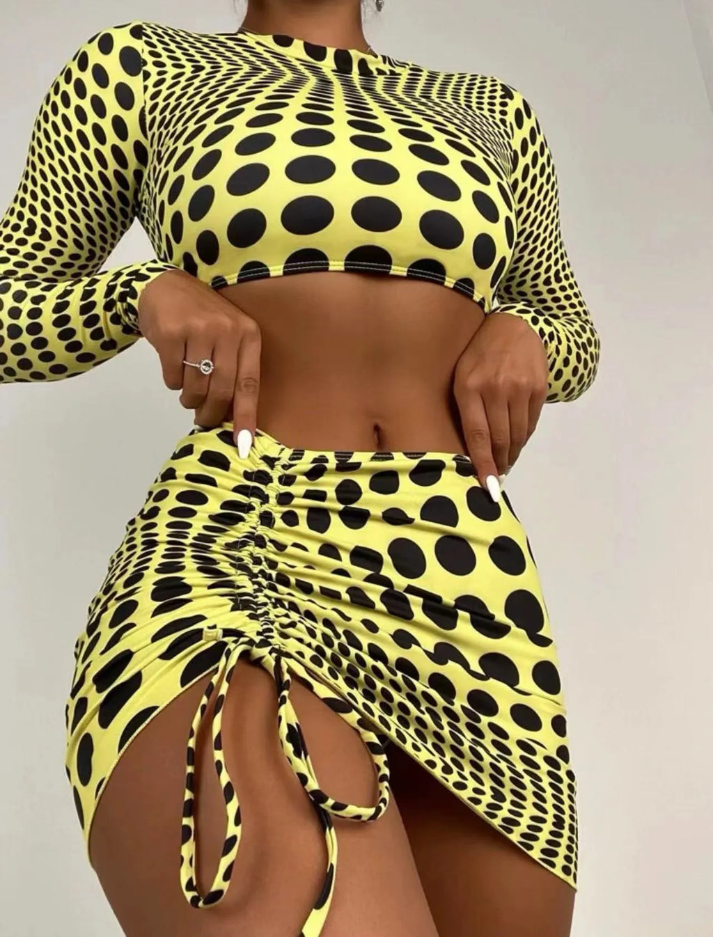 Women's polka dot swimsuit three-piece set in green and yellow with polyester fabric