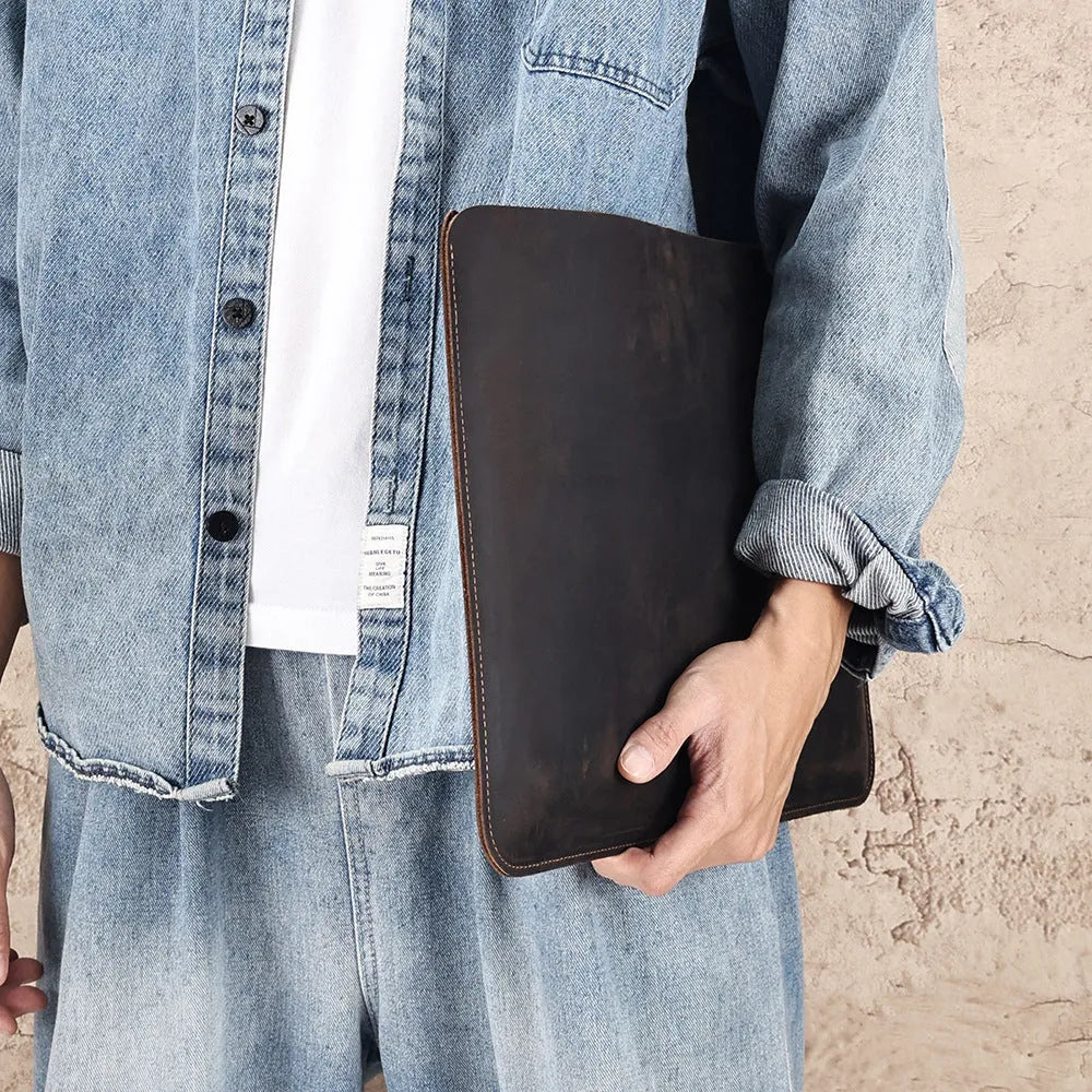 Genuine crazy horse leather horizontal computer liner bag in brown colour options