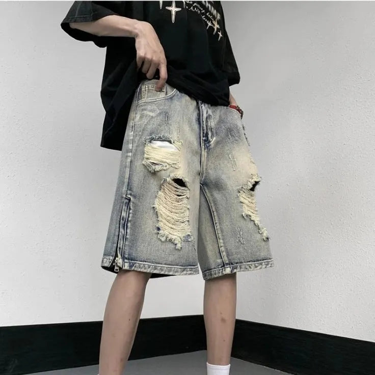 Blue retro tattered wide leg denim shorts for summer, cotton fabric, S-3XL