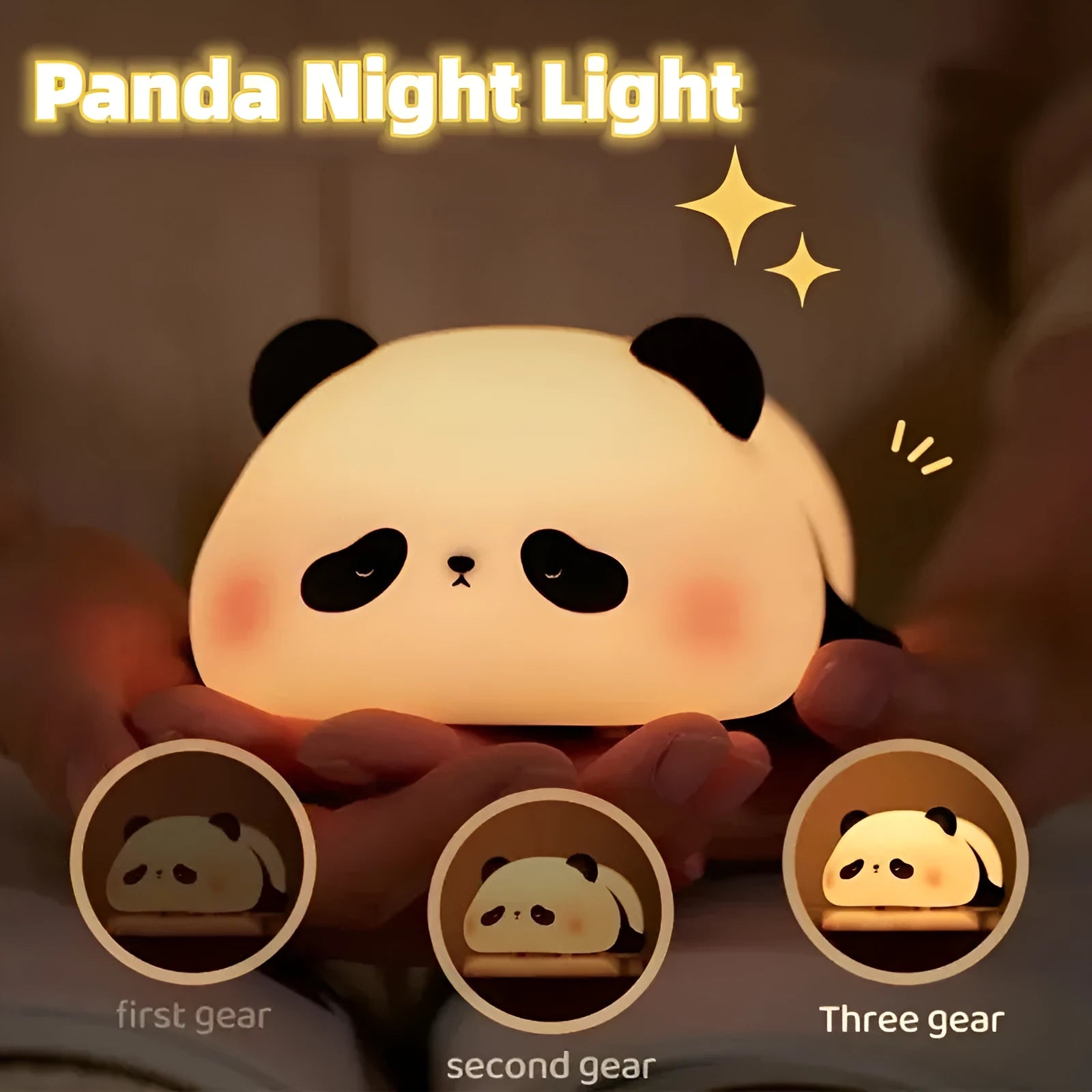 Cartoon panda head night light with silicone construction and warm white glow