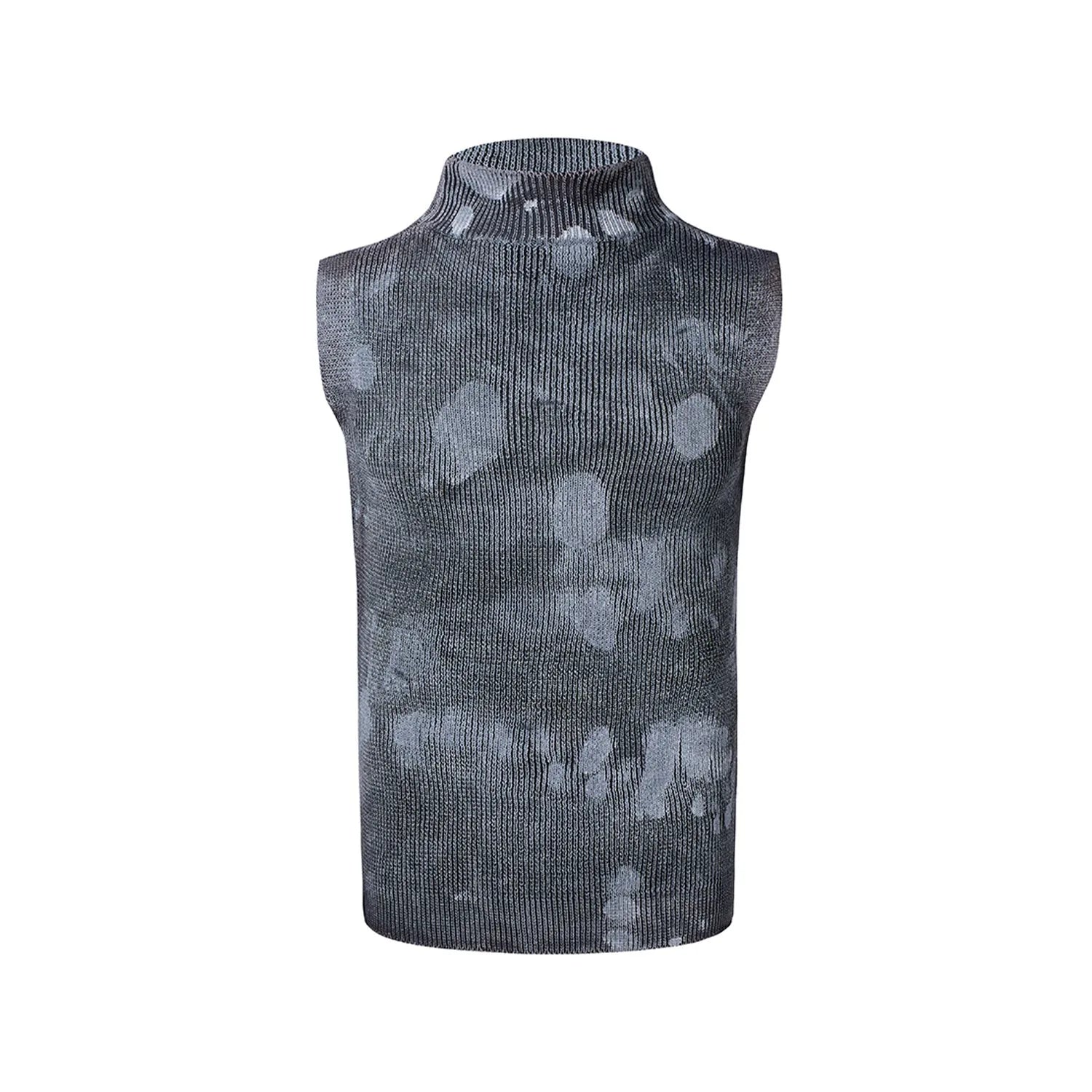Men's black stretch sleeveless turtleneck with silver pastebrushing texture, stand collar, pullover style