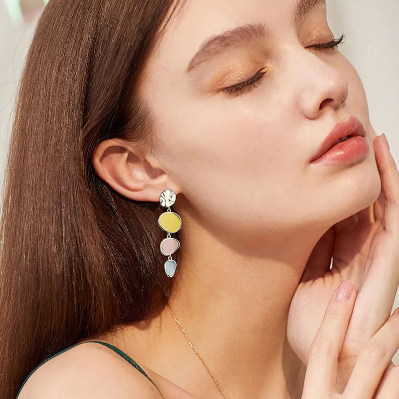 Morandi three-colour oil drip disc earrings with sterling silver needles on simple vintage wafer design