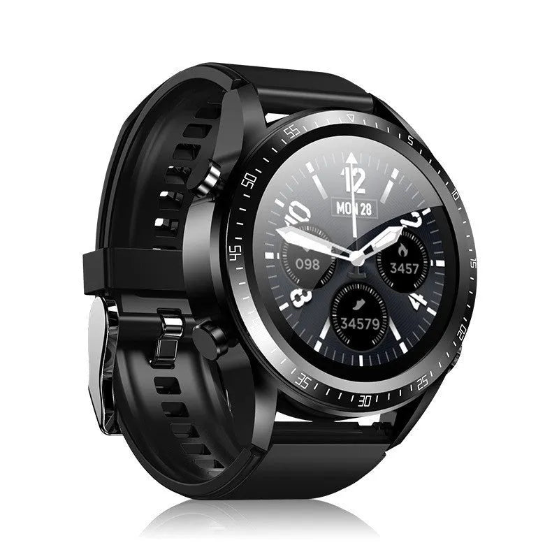 Black smart watch with 1.28-inch screen showing health metrics, paired with wireless TWS earphones