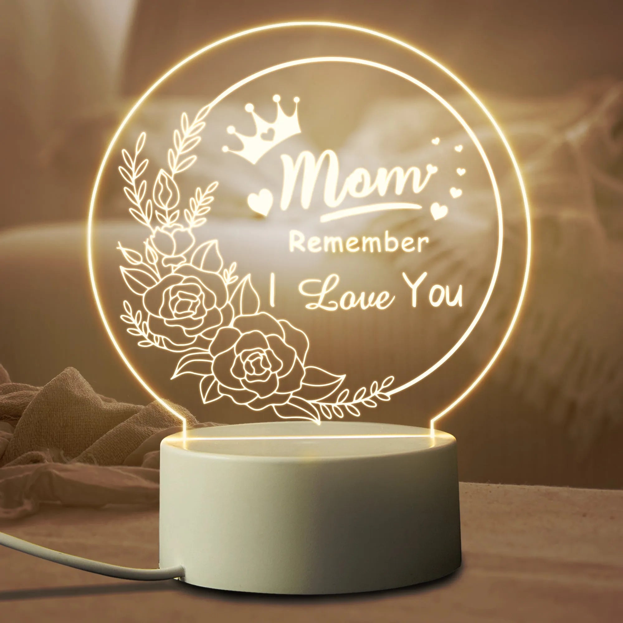 Acrylic LED night light with warm light on white base, USB powered, modern minimalist bedside decoration