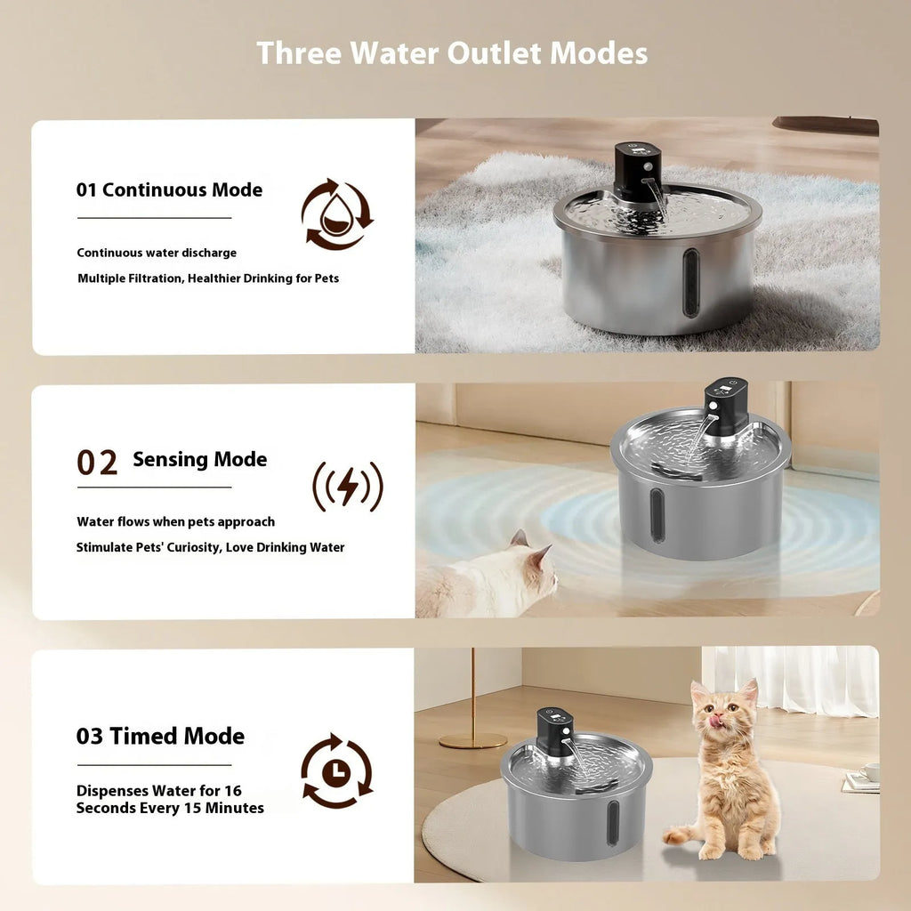 Stainless steel pet water fountain with constant temperature heating base for dogs and cats.