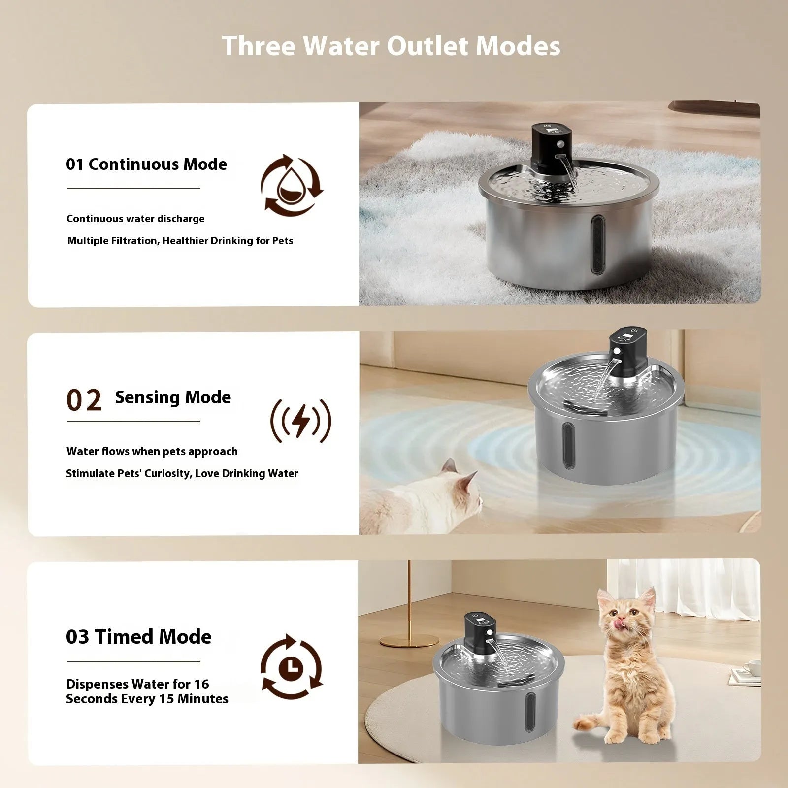 Stainless steel pet water fountain with constant temperature heating base for dogs and cats.
