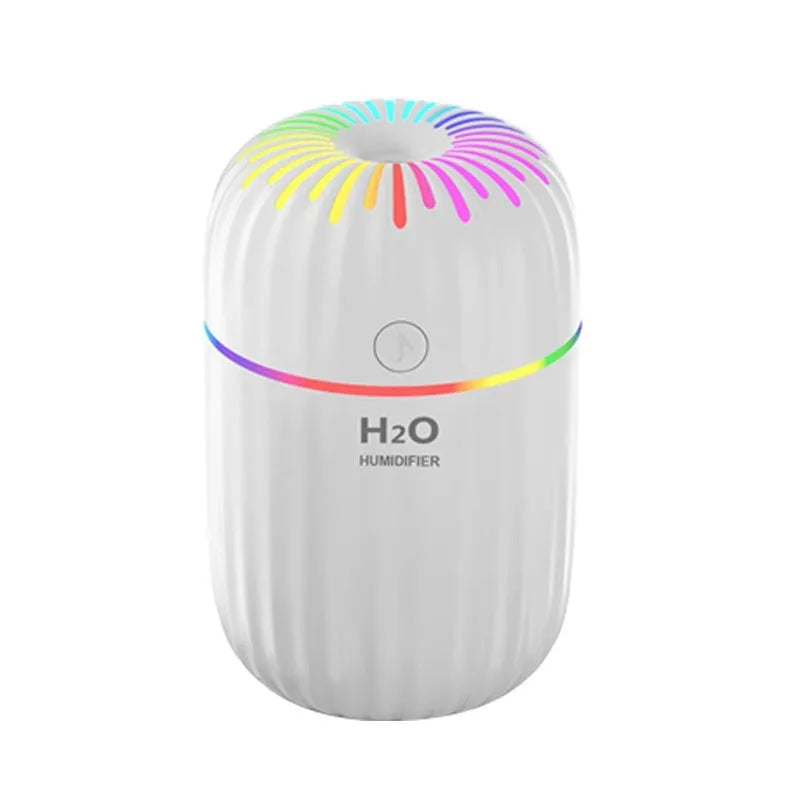 Small white cube-shaped USB humidifier with water tank on a wooden desk.