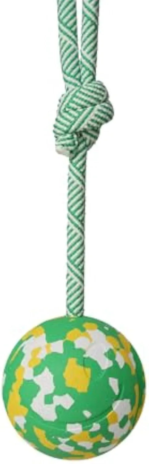 Natural rubber dog ball on a nylon rope toy for interactive fetch and tug games.