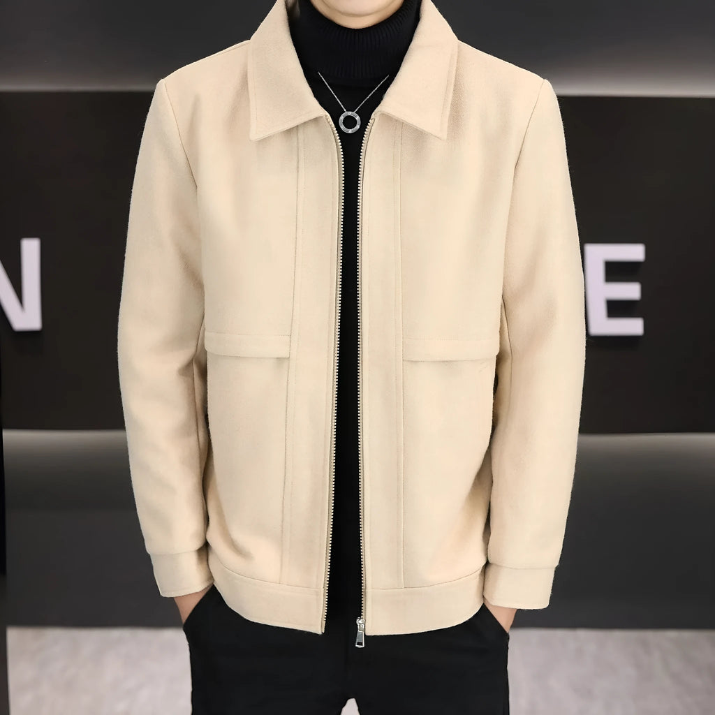 Khaki cotton blend casual jacket with a polo collar and side seam pockets on a mannequin.