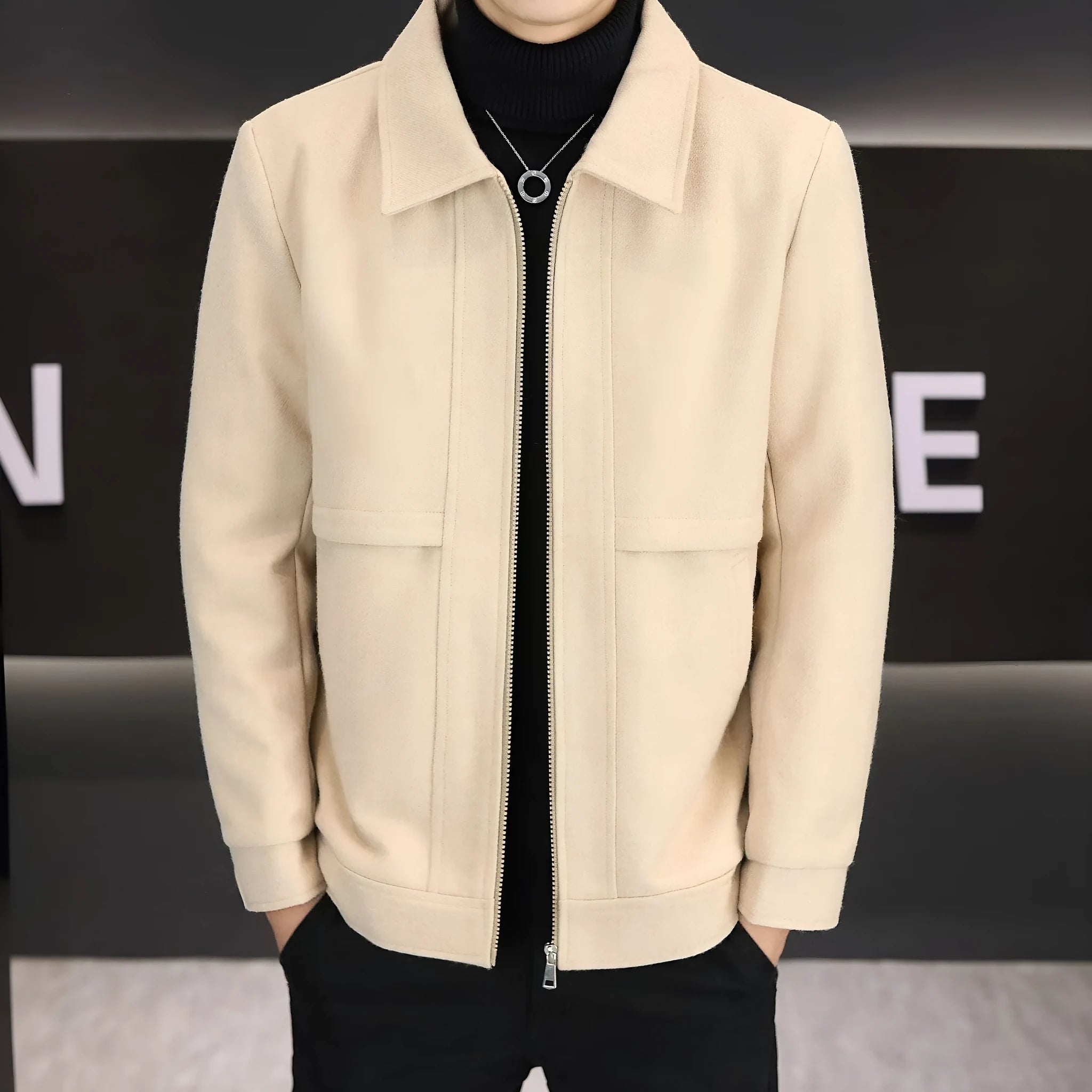 Khaki cotton blend casual jacket with a polo collar and side seam pockets on a mannequin.