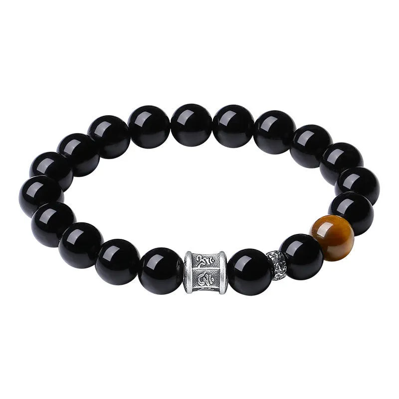 Hand-woven black obsidian six-word mantra bracelet with 10mm prayer wheel beads for men