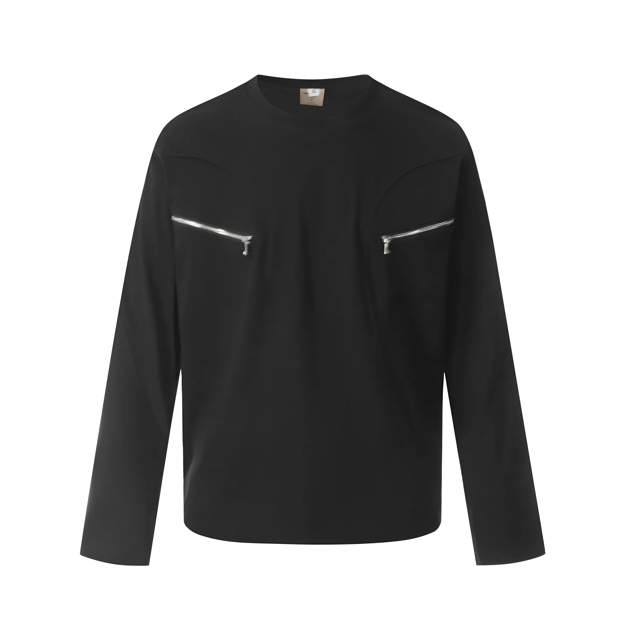 A loose-fitting long sleeve cotton pullover in grey, shown on a model for casual wear.