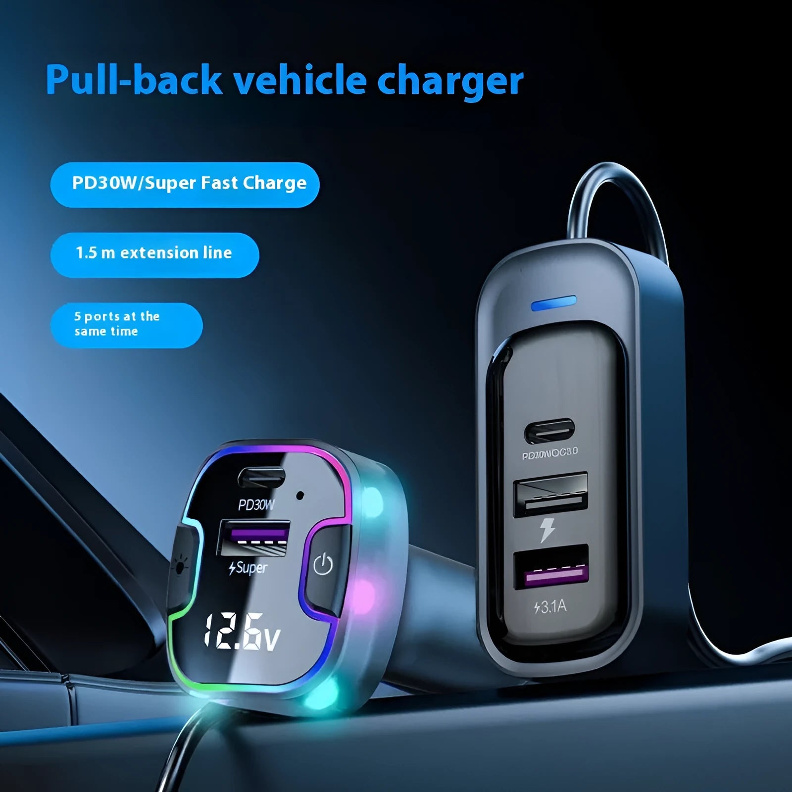 Car PD fast charger multi-interface 120W front rear YQ8 Black plugged into vehicle socket